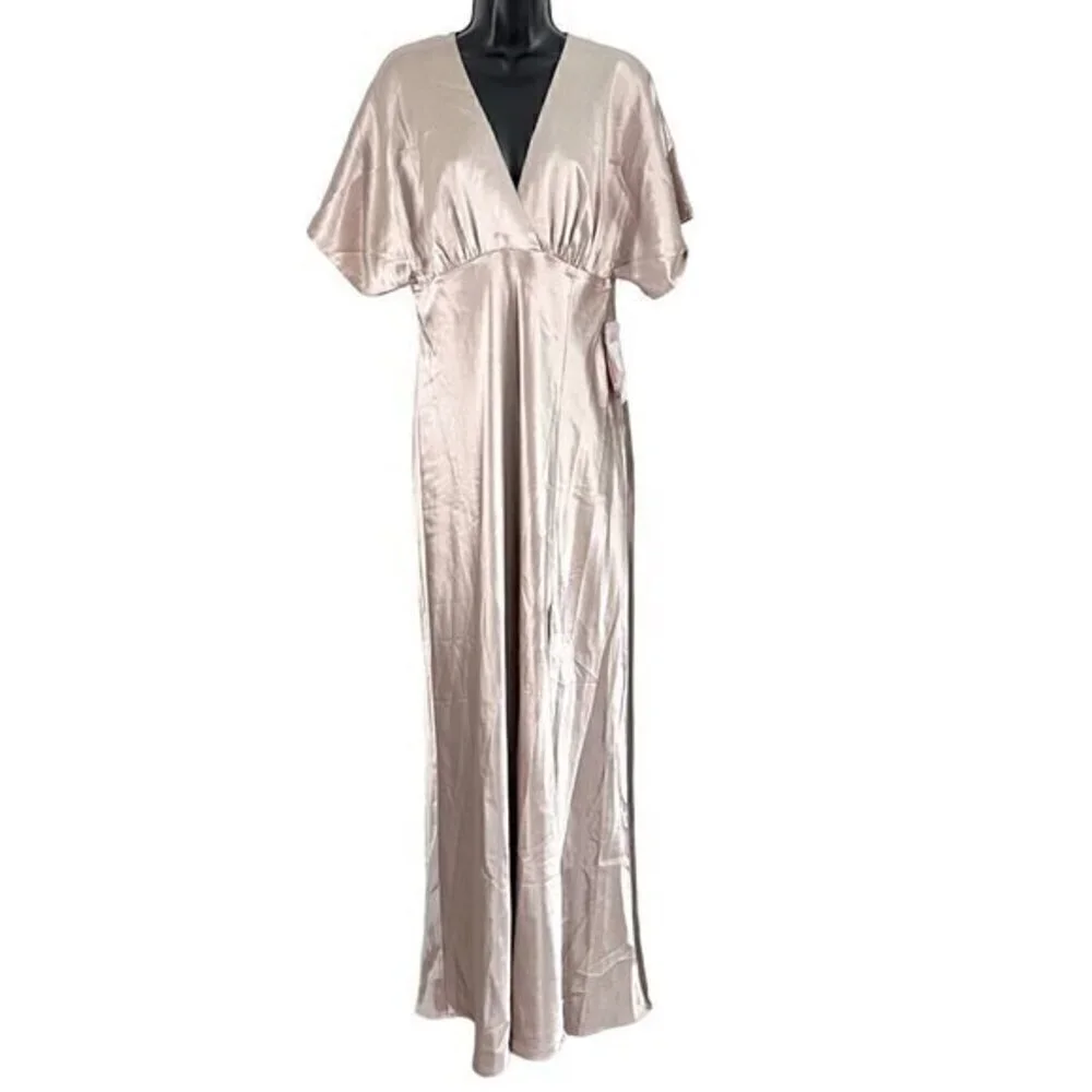 Birdy Grey Jesse Kimono Shiny Satin Flutter Sleeve Bridesmaid Dress Taupe Medium - Picture 2 of 11